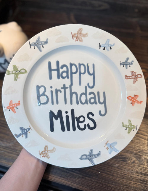 Airplane Keepsake Plate for Baby’s First Birthday – Custom Name & Date, Handpainted