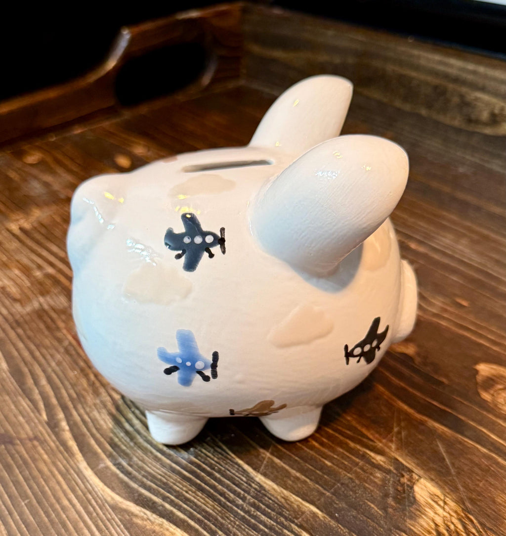 Personalized Piggy Bank: Custom Airplane Hand-Painted and Kiln-Fired Ceramic Keepsake for Kids