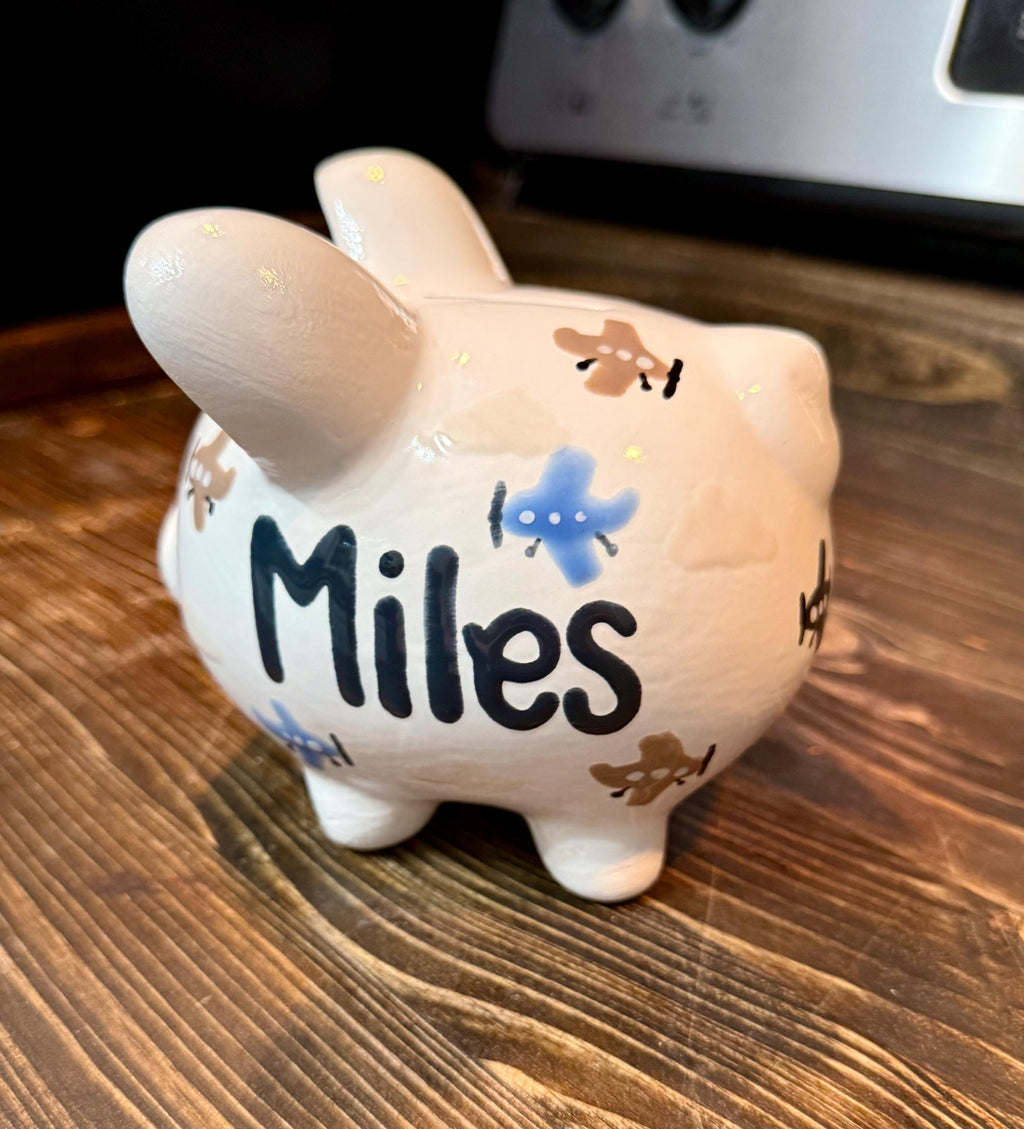 Personalized Piggy Bank: Custom Airplane Hand-Painted and Kiln-Fired Ceramic Keepsake for Kids