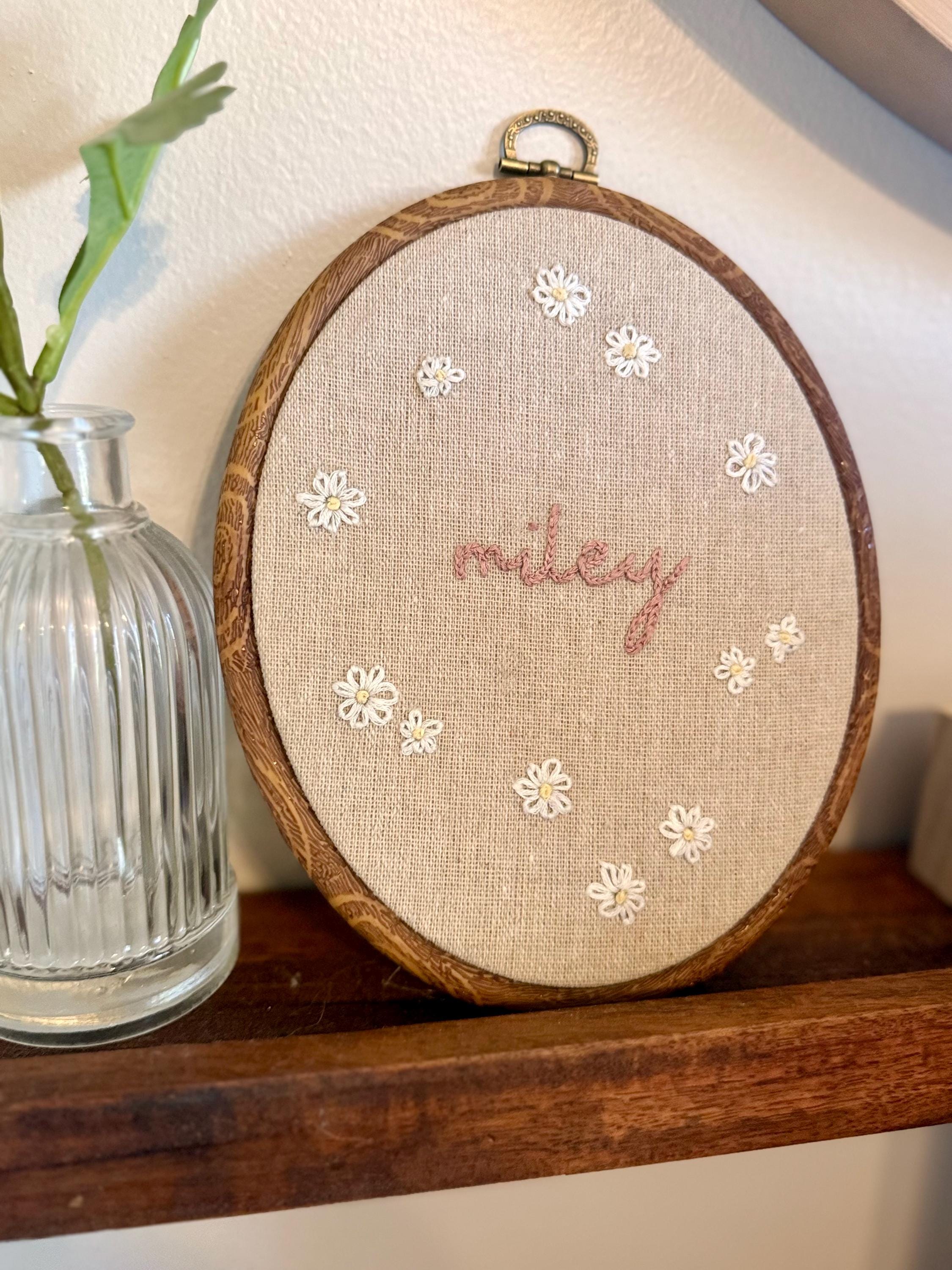 Hand Embroidered Floral Custom Name Hoop – Personalized Nursery Decor (7x6 Oval)