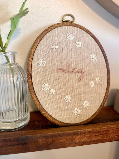 Hand Embroidered Floral Custom Name Hoop – Personalized Nursery Decor (7x6 Oval)
