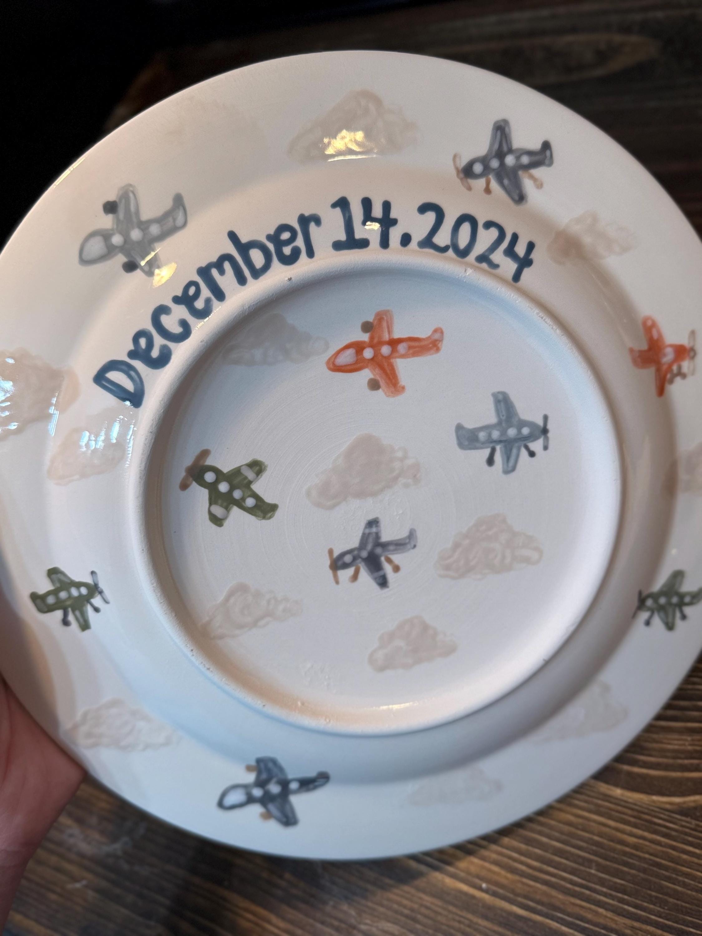 Airplane Keepsake Plate for Baby’s First Birthday – Custom Name & Date, Handpainted