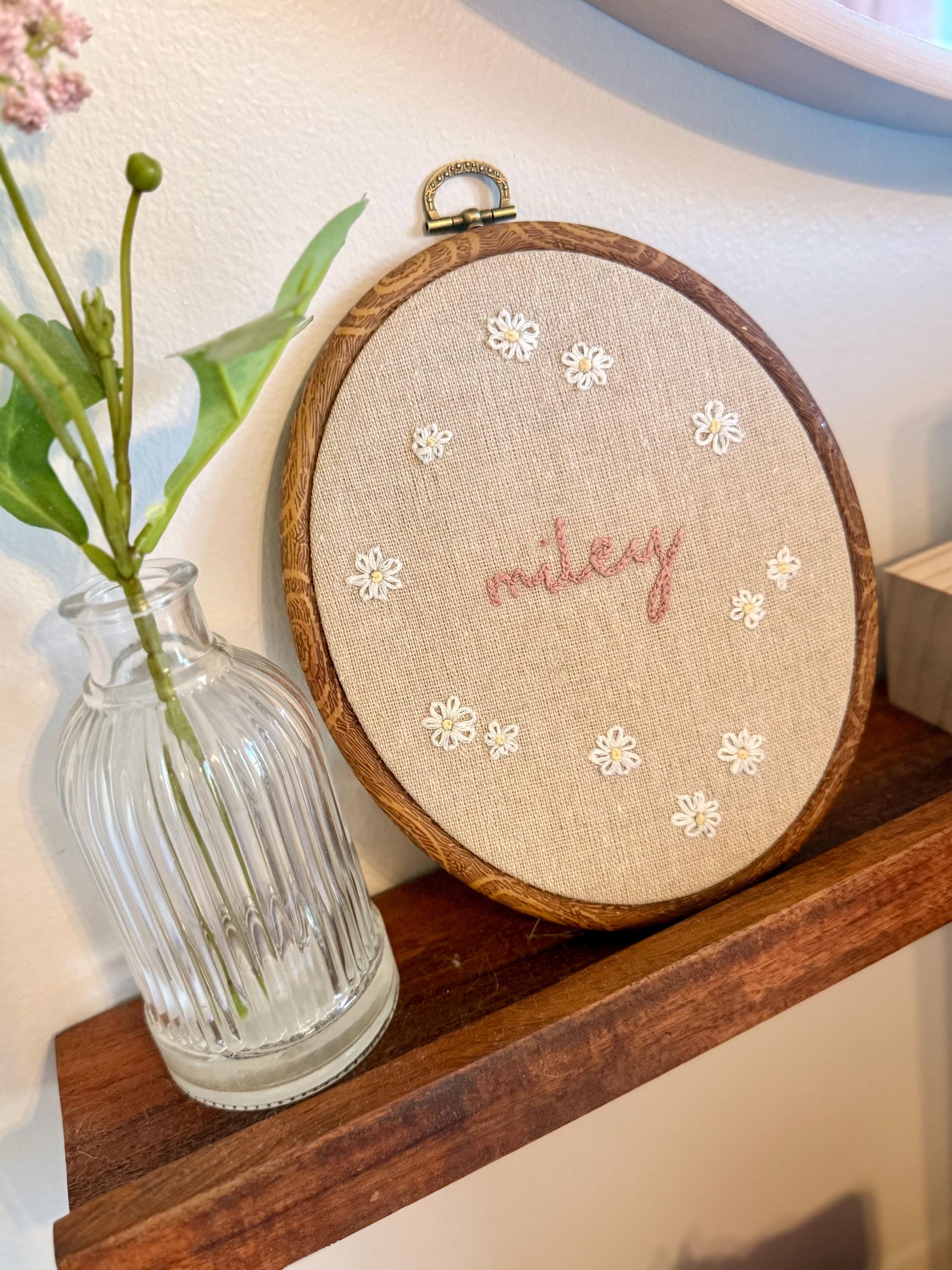 Hand Embroidered Floral Custom Name Hoop – Personalized Nursery Decor (7x6 Oval)