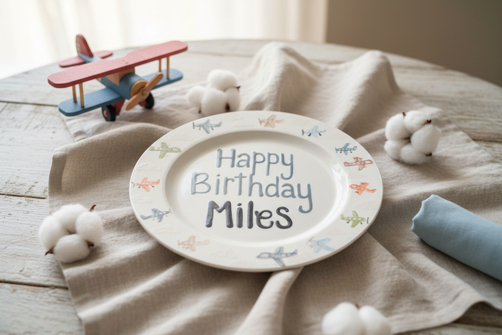 Airplane Keepsake Plate for Baby’s First Birthday – Custom Name & Date, Handpainted
