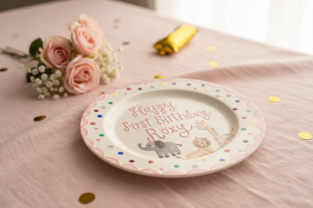 Animal Birthday Plate • Custom Pink Ceramic Keepsake • First Birthday Gift