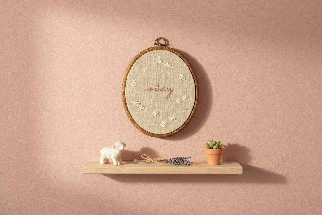 Hand Embroidered Floral Custom Name Hoop – Personalized Nursery Decor (7x6 Oval)