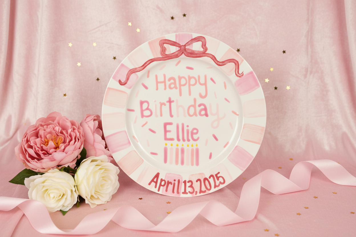 Hand-Painted First Birthday Plate: Personalized Keepsake for Girls, Pink Bow