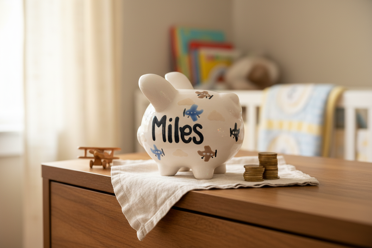 Personalized Piggy Bank: Custom Airplane Hand-Painted and Kiln-Fired Ceramic Keepsake for Kids